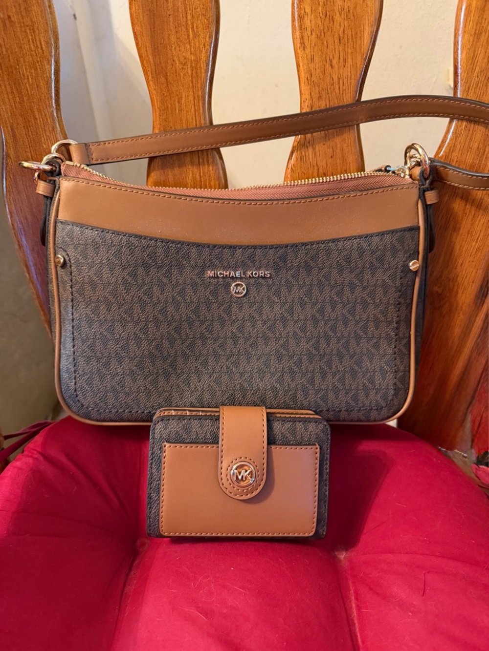 Michael Kors Brown and Tan Signature Crossbody with Matching Wallet